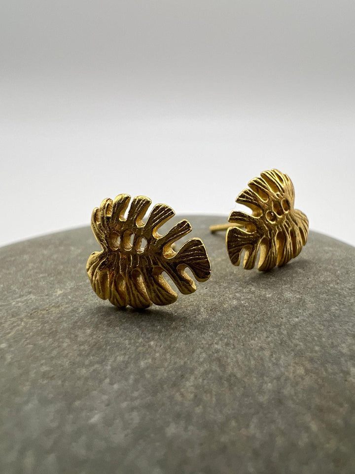 Matte Monstera Leaf Stud Earrings — 18k Gold Plated