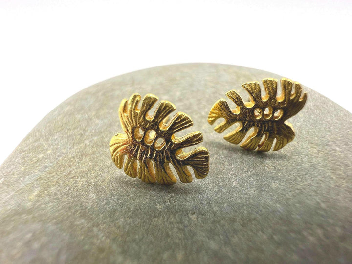 Matte Monstera Leaf Stud Earrings — 18k Gold Plated