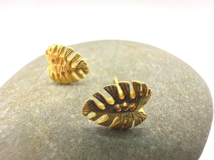 Matte Monstera Leaf Stud Earrings — 18k Gold Plated