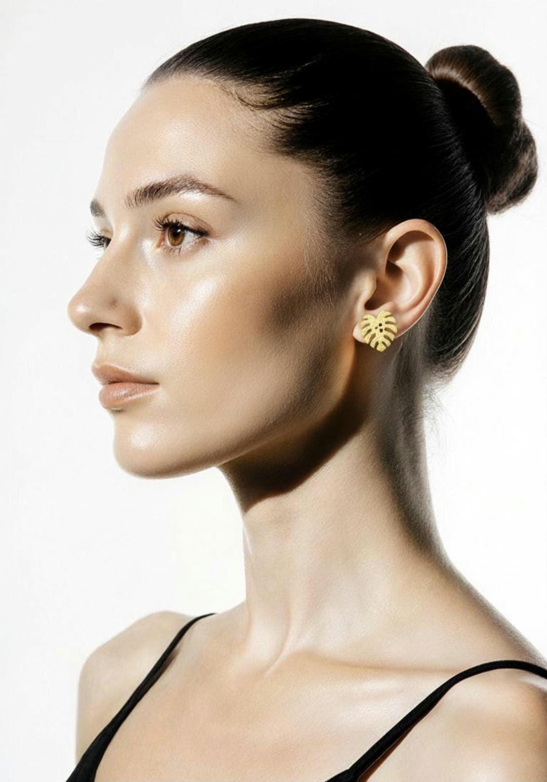 Matte Monstera Leaf Stud Earrings — 18k Gold Plated