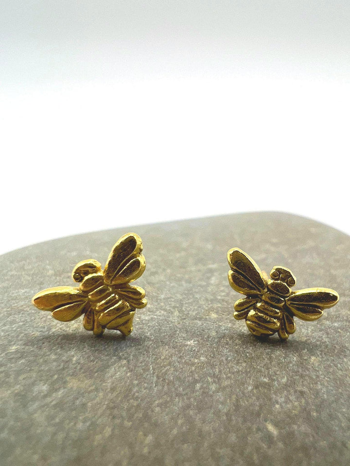 Mini Bee Stud Earrings — Matte 18k Gold Plated