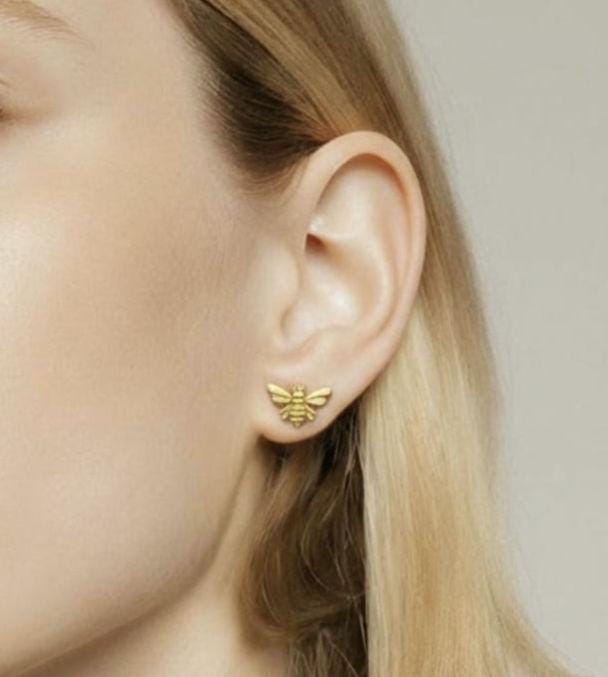 Mini Bee Stud Earrings — Matte 18k Gold Plated