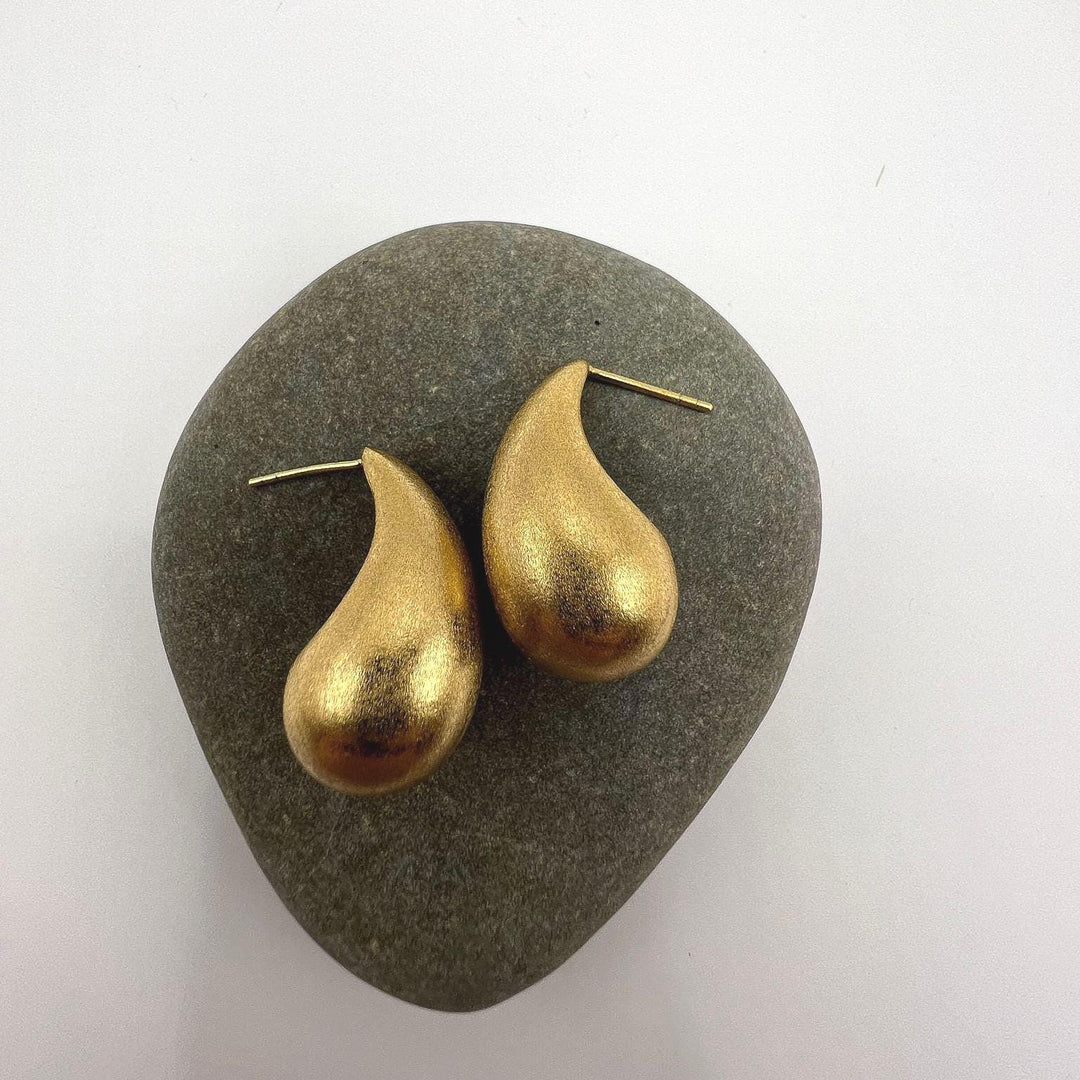 Large Matte Gold Teardrop Stud Earrings — 18k Gold Plated
