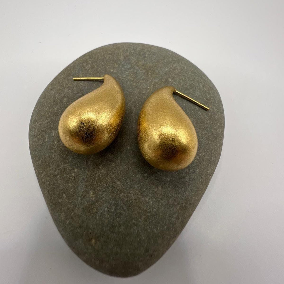 Large Matte Gold Teardrop Stud Earrings — 18k Gold Plated