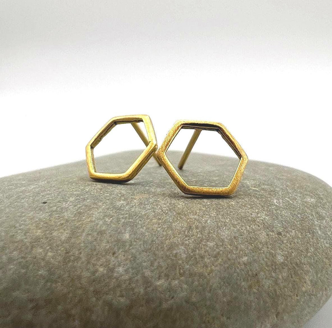 Matte Hexagon Stud Earrings — 18k Gold Plated