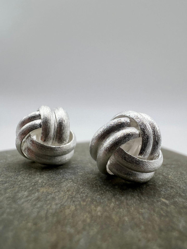 Matte Silver Knot Stud Earrings — 925 Silver