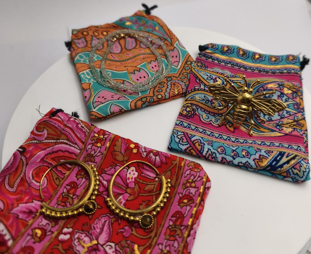 Recycled Sari Fabric Pouches, Handmade Jewelry Packaging, Small Eco Gift Bags