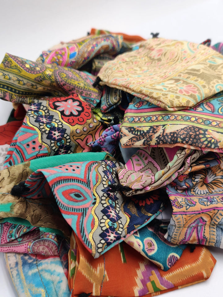 Recycled Sari Fabric Pouches, Handmade Jewelry Packaging, Small Eco Gift Bags