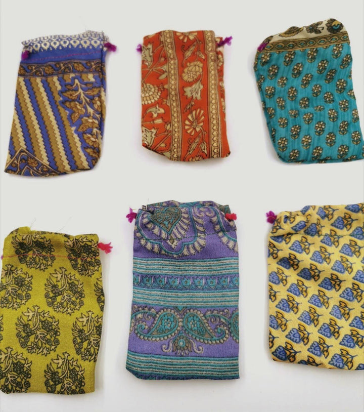 Recycled Sari Fabric Pouches, Handmade Jewelry Packaging, Small Eco Gift Bags