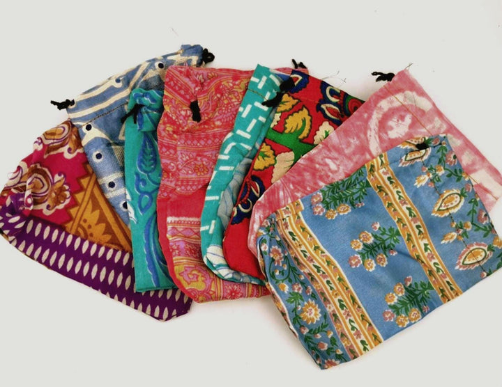 Recycled Sari Fabric Pouches, Handmade Jewelry Packaging, Small Eco Gift Bags