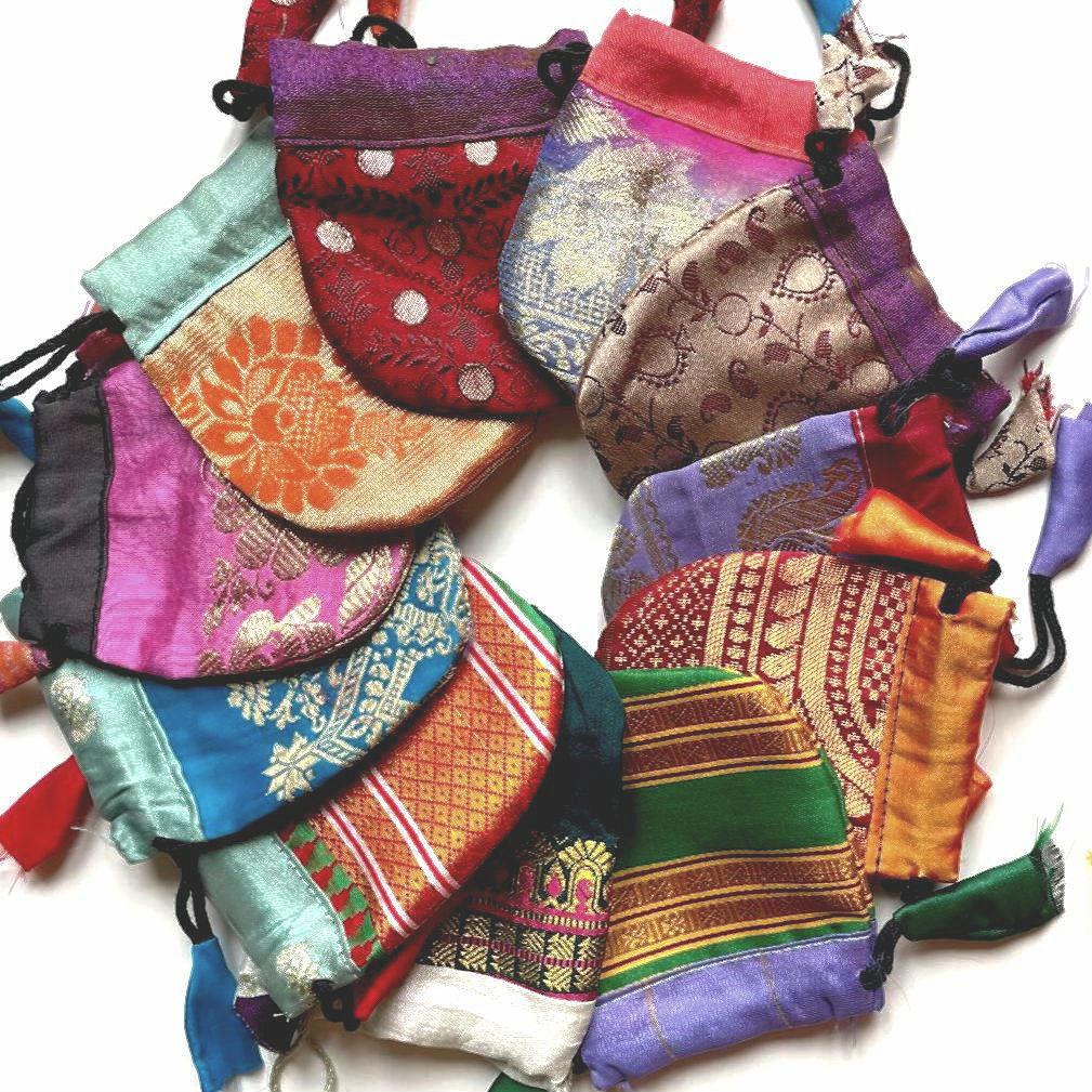 Recycled Sari Pouch 7.5x12cm | Indian Silk Boho Jewelry Bag (Assorted Colors)