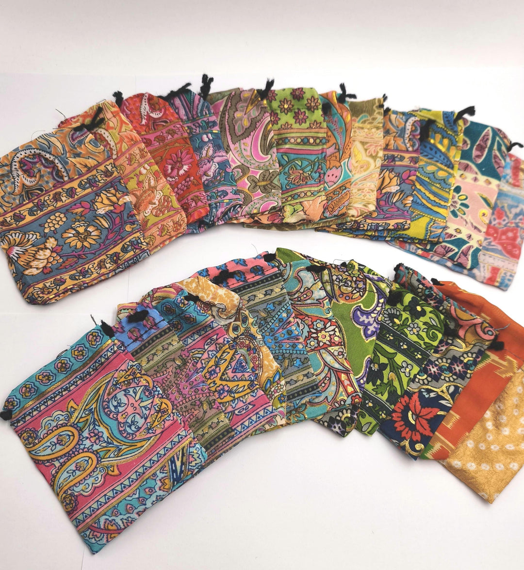 Recycled Sari Fabric Pouches, Handmade Jewelry Packaging, Small Eco Gift Bags