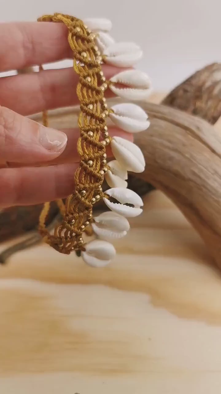 Macramé Anklet with Cowrie Shells and Beads