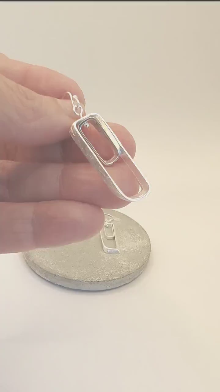 Asymmetrical Rectangle 925 Silver Dangle Earrings with Motion
