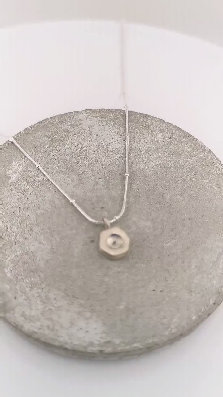 Rainbow Moonstone Hexagon Charm Necklace -  925 Silver